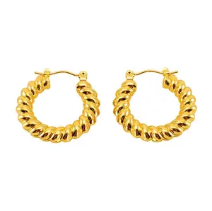 Hoop Fine Earrings Women's Hoop Earrings 18K Gold Stainless Steel Helix Twist Pattern Earrings