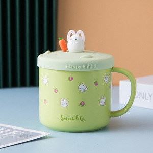 แก้วนมน่ารักลายการ์ตูน แก้วชาเซรามิก แก้วกาแฟลายกระต่ายน่ารัก พร้อมฝาปิด - Product Image 6