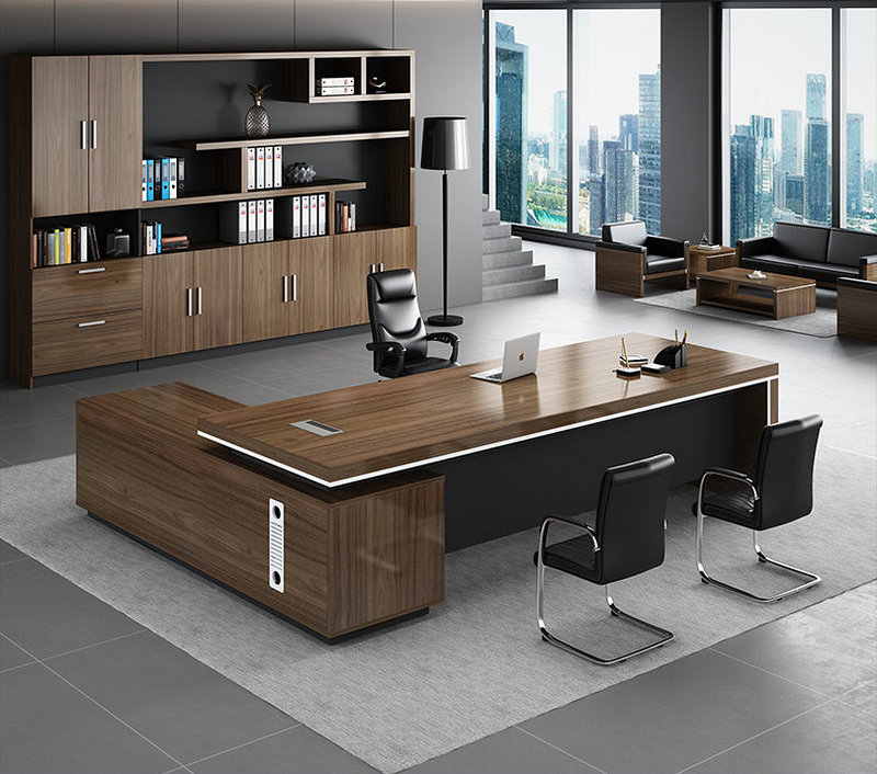 Modern Executive Office Desk Set L Shaped Wooden Boss Table Storage Cabinet Easy Assembly Eco-Friendly Luxury Office Furniture
