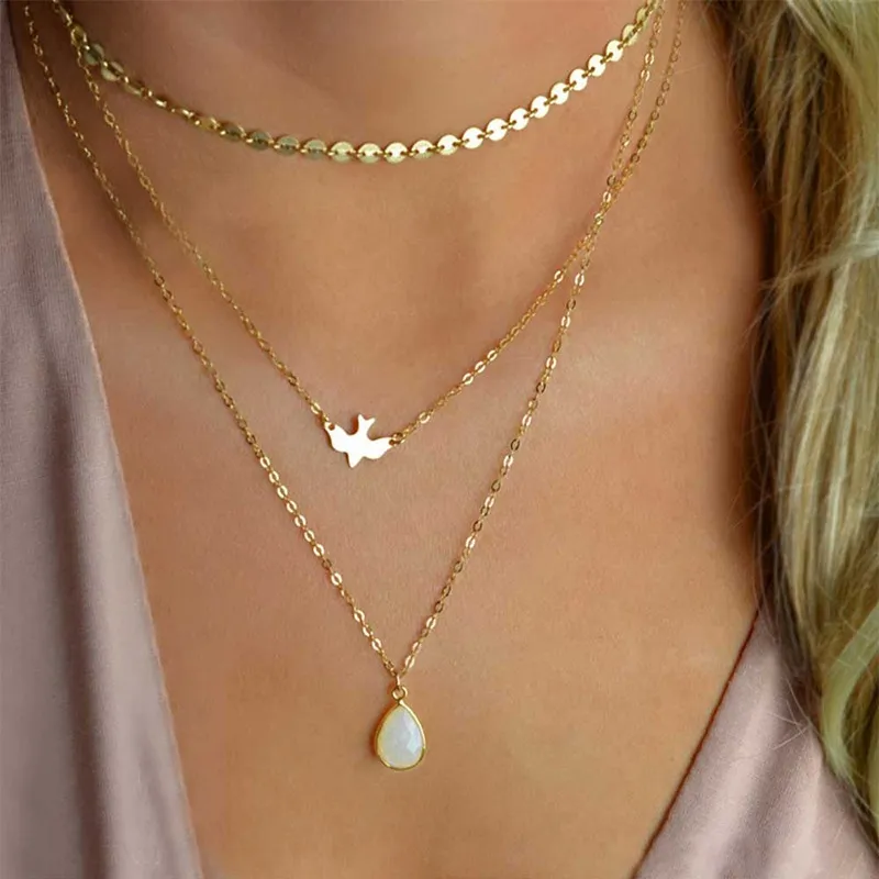 Kalung Choker burung Fashion, perhiasan Bohemian multilapis emas kalung wanita Opal liontin 5g seng Aloi trendi tas Opp geometris