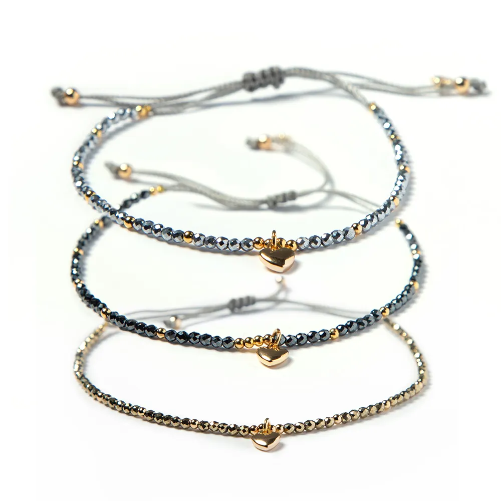 Bijoux fantaisie corde de tresse réglable 2mm bracelet de perles de pierre d'hématite pour femmes et filles
