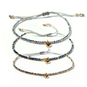 Perhiasan modis gelang manik-manik batu hematit 2mm tali kepang bisa disesuaikan untuk wanita dan anak perempuan