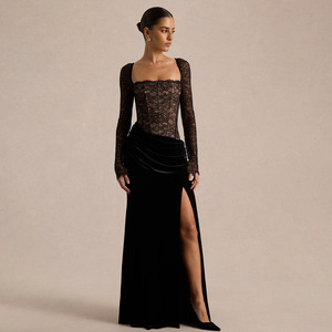 Vestido de noche de manga larga con encaje y terciopelo, abertura alta, escote cuadrado, elegante, ropa formal para mujer - Product Image 3