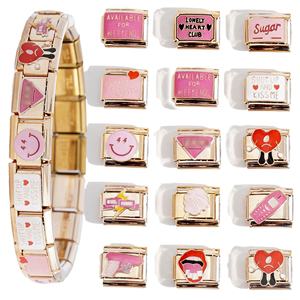 Accesorios Rosados, Dijes Italianos para Pulseras DIY de Acero Inoxidable, Dijes de Corazón, Sonrisa y Boca Chapados en Oro para Mujeres y Niñas - Product Image 1