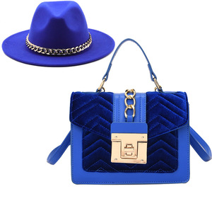Q20123 8 couleurs automne/hiver dames Jazz large bord Fedora avec chaîne bandeaux et velours sacs à main femmes feutre <span class=keywords><strong>Fedoras</strong></span> + sac ensemble - Product Image 1
