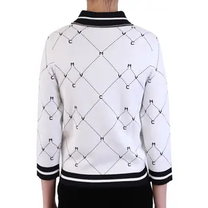 Custom OEM Diamond Jacquard Sweater For Women Sleeved Turn-down Collar Pullover Ladies Short Women's Knitted Ladies Sweater