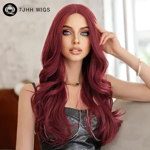 Red Lace Frontal Wigs Long Wavy Wigs For Women Curly Middle Part Wig Burgundy Red Natural Looking Synthetic Hair For Daily Ues