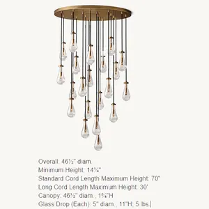 Lampe d'éclairage de gouttes de pluie en cristal personnalisée Vintage Farmhouse Brass Pendant Light High Ceiling Luxury Teardrop Long Drop Chandelier