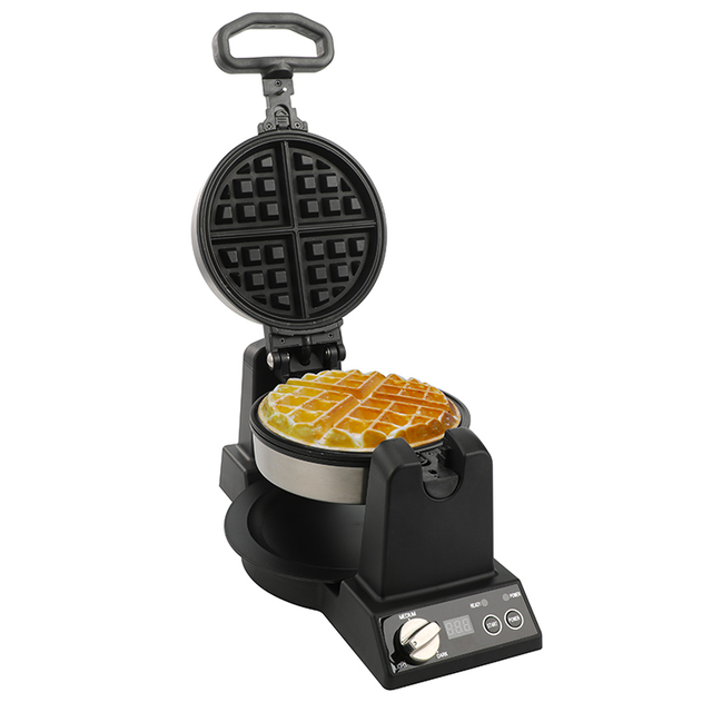 Rotating Electric Non-Stick Mini Waffle Maker 3-Setting Digital Temperature Control Interchangeable Plates Stainless Household