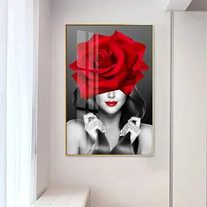 Lukisan dinding cetak kanvas Modern lukisan dinding potret wanita seksi gaya hitam dan putih dekorasi rumah lukisan dinding mawar merah