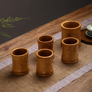 Bamboo Pen Holder Round Carved With Clock Home Office Desk Decor Gift Craft Anji Origin - Product Image 3
