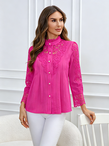 Women's Pink Lace <b>Blouse</b> Long Sleeve Mandarin Collar Button Down Elegant Spring Summer <b>Blouse</b> - Product Image 5