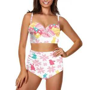 Colorful Easter Bunnies and Eggs Full Print Womens Bikini Sets Two Piece Swimsuit V Neck Twist Front Adjustable Spaghetti Straps