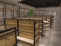 Solution de rayonnage pour supermarché et boutique à prix réduits (Miniso) avec conception de plan de présentation et dessin 3D