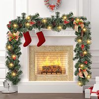 Guirlande de Noël en PVC dense rouge avec lumières, style européen, décorations de porte suspendues, poinsettia, baies et pommes de pin