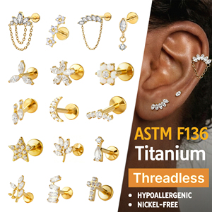 JIAXIN ASTM F136 Titanio de grado implante con circonita, pendientes de labret sin rosca con sistema push-pin para tragus y hélice, joyería para piercing corporal - Product Image 1