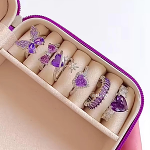 Purple Colorful Fancy Heart Baggette Luster 5A CZ Rhodium Plated 925 <strong>Sterling</strong> <strong>Silver</strong> <strong>Ring</strong> <strong>Set</strong> Fine Jewelry for Girl Party Gift - Product Image 1