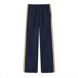 Pantalones Anchos Azul Marino para Mujer con Raya Lateral Beige, Cintura Elástica, Corte Holgado Informal, Pantalones de Punto Largos - Product Image 3