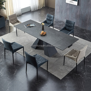 Mesa de Comedor Rectangular Moderna de Piedra Sinterizada, Extensible, con Tapa de Losa de Roca Negra, Base Metálica en Forma de X, para 6-10 Personas, Muebles de Restaurante - Product Image 3