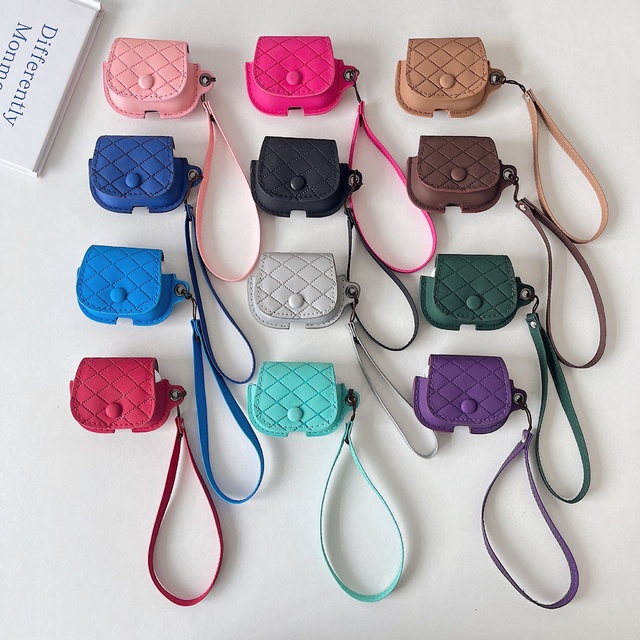 New Model Earphone case - Soft Leather Texture, Shock-proof, with a Hand Strap and Embossed Check Pattern