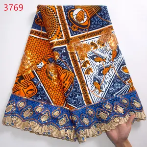 3769 neuer afrikanischer Wachsstoff Ankara mit Pailletten 5 Yards Mode nigerianische Masche Tülle Spitzenstoff für Damen Hochzeit Party-Kleid