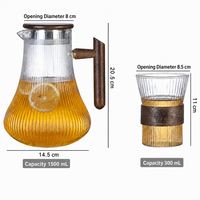 Pichet à eau moderne et simple en verre borosilicate de 1500 ml avec 300 ml de verres, couvercle à poignée en bois, résistant à la chaleur pour thé froid