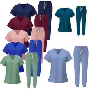 JinTeng, venta al por mayor, trajes médicos de hospital de enfermería con cuello en V estirable, conjuntos de uniformes quirúrgicos de moda para hombres y mujeres