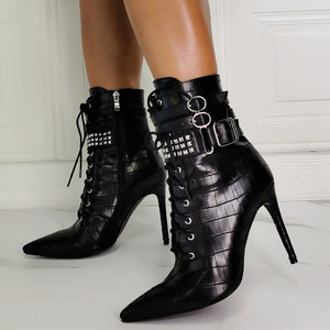 Botines de tacón de aguja para mujer, talla grande 47, con cordones delanteros, remaches, cinturones y hebillas, ajuste ancho - Product Image 2