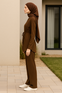 Ensemble en tricot côtelé pour femmes musulmanes modestes YXO020 - <span class=keywords><strong>Tunique</strong></span> à ceinture et pantalon large avec écharpe en jersey Lugid - Product Image 3