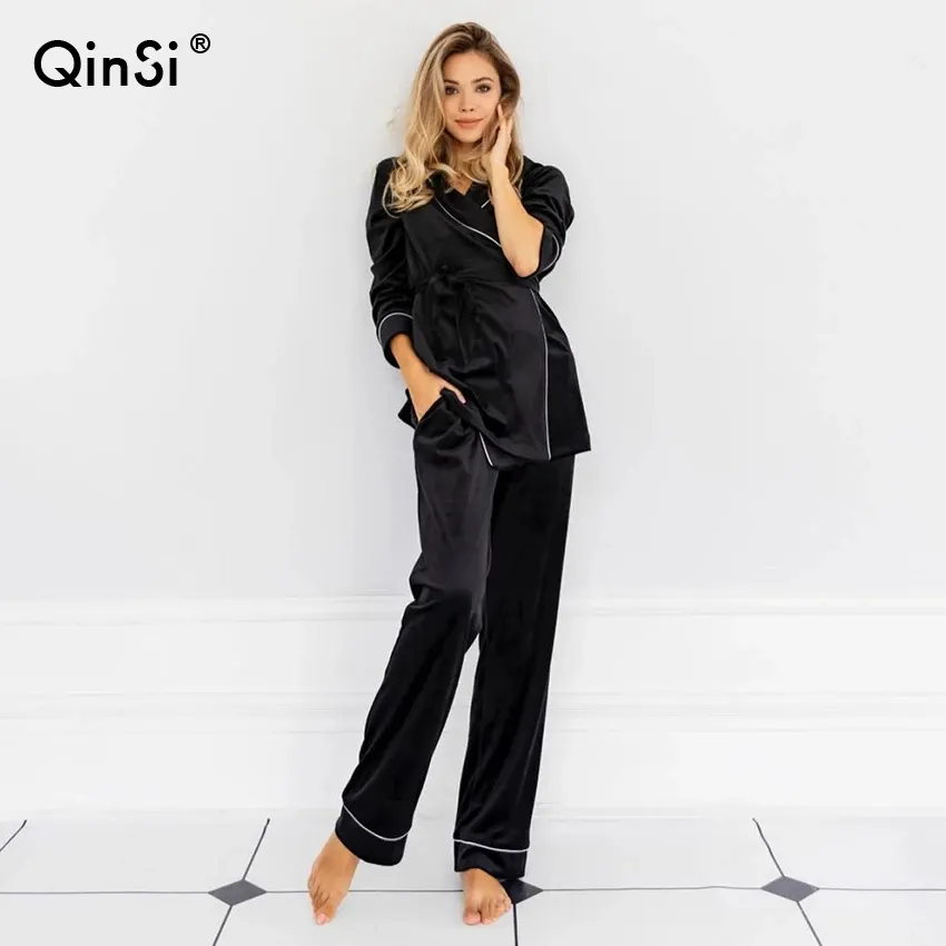 QINSI गर्म बटन अप Babydoll Nightset महिलाओं सेक्सी लंबे रेशमी आकस्मिक सेट पजामा स्नान बागे नींद सेट रात को पहनने नाइटवियर