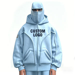 Sweat à capuche pour homme bleu tricoté 600 g/m² brodé, style Y2K, effet délavé et vieilli, avec fermeture éclair, pour grossistes - Product Image 1