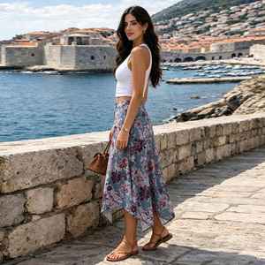 Falda midi de punto ajustada con estampado floral, corte bajo, dobladillo asimétrico, estilo Y2K vintage, malla irregular, para mujer, estilo streetwear americano. - Product Image 5