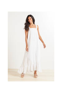 ชุดเดรสยาวปานกลางสีขาวผ้าลินินผสมผ้าฝ้ายสองชั้นจีบระบายไหล่เฉียงสำหรับผู้หญิง ฤดูใบไม้ผลิ 2023 - Product Image 3