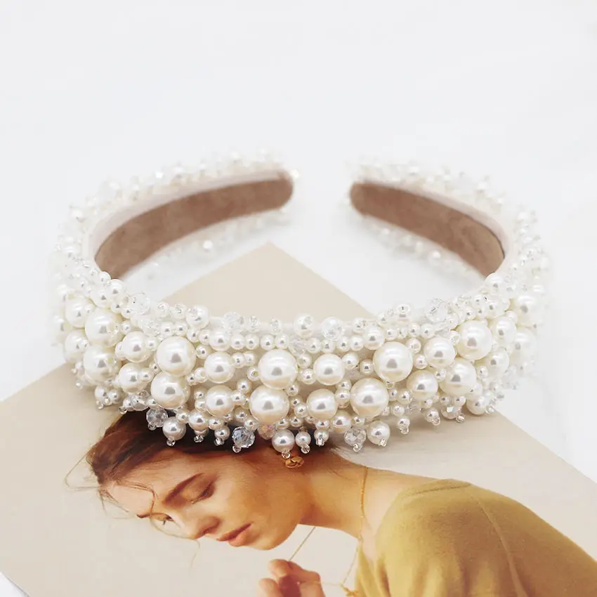 2020 nueva moda de lujo de las mujeres acolchado broche de pelo accesorio nupcial de fiesta de boda hecho a mano diadema de perlas estilo barroco banda para la cabeza