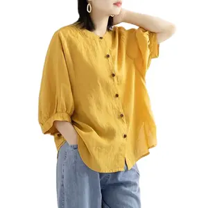 2022 Women Cotton Linen Retro Blouse Stand Mandarin Collar Button Puff Sleeve T-shirt Girls Loose Plus Size Tops Shirt