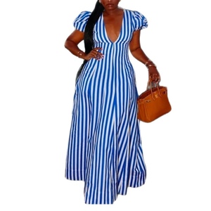 ชุดเดรสแม็กซี่ลายทางสำหรับผู้หญิง คอวีลึก แขนพอง เอวสูง ทรงเอไลน์ กระโปรงยาวทรงบาน สำหรับวันหยุด ชุดลำลอง แฟชั่น - Product Image 1