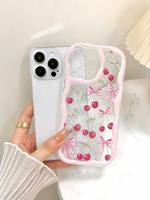 Coque de téléphone portable en TPU avec nœud papillon et cerises, très populaire, pour iPhone 16 17 Air Pro Max, coque arrière crème avec chaîne, Funda