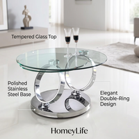 Table basse ronde de luxe avec plateau en verre trempé et base en acier inoxydable à double anneau, table de salon minimaliste et élégante