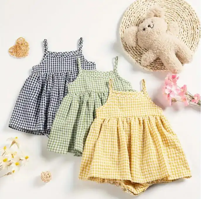 Baby Mädchen lässig kariert ärmellos Baumwolle Einfarbig Kleid Kleidung für Sommer Babykleider 0-12 Monate