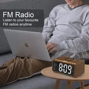 New Hot For Bedroom Bedside Wooden Bluetooth Speaker Alarm Clock With Fm Radio 15W Wireless Charging Station