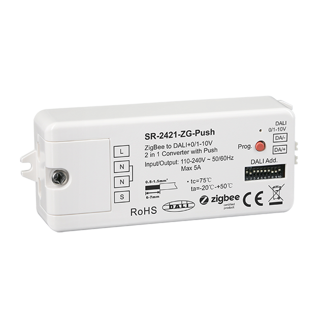 Sunricher Zigbee to DALI+0/1-10V 2 in 1 DT6 & DT8 Converter With Push Button Build in 50mA DALI PS  Build-in  5A Relay