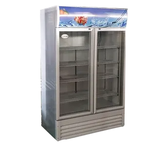 600L Pintu Kaca Double Showcase Cooler Supermarket Ritel Kulkas Komersial Vertikal Menjaga Segar Tampilan Kulkas