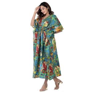 Handmade Cotton Kimono <b>Kaftan</b> One-Piece Dress Kahlo Inspired Bohemian Resort Wear Deep V Neck <b>Plus</b> <b>Size</b> Breathable - Product Image 3