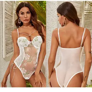 Drawstring Mesh Jumpsuit Embroidery Sleepwear Playsuit See Through Sexy Women'S Lace Bodysuit Lingerie