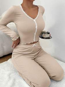 Ensemble de pyjama pour femmes, chemise à manches longues et pantalon, 2 pièces, pyjama sexy en dentelle, vêtements de nuit, vêtements de détente - Product Image 2