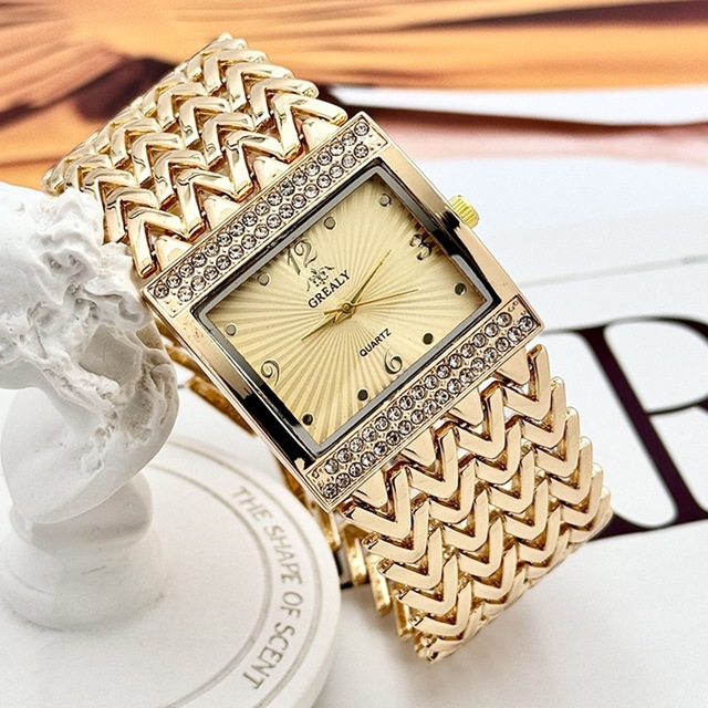 GREALY Luxurious Ladies Quartz Watches Square Diamond Wavy Pattern Wide Strap Women's Wristwatches Female Bracelet Watch(WA256)