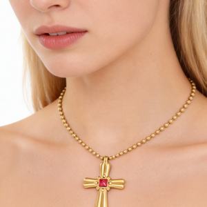 Collar de Moda de Acero Inoxidable con Colgante de Cruz Chapado en Oro de 18K, Cadena con Cuentas de Piedras Preciosas Rojas, Collar Religioso - Product Image 2