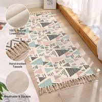 Tapis à franges style minimaliste, lavable en machine, antidérapant, à poils ras, en coton et lin imprimé, réversible, durable, pour chambre à coucher