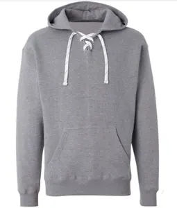 Adult plain grey 65% polyester 35%cotton mixed with kangaroo pocket on front with knitted cuffs sports lace hooded sweat shirt
