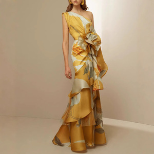 Robe de soirée longue asymétrique en mousseline imprimée, style européen, épaules dénudées, taille empire pour femme - Product Image 4